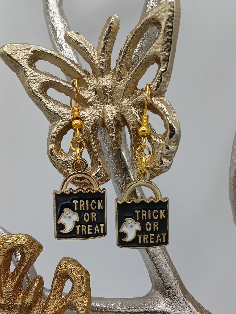 Halloween 'Trick or Treat' Black and Gold Dangle Earrings